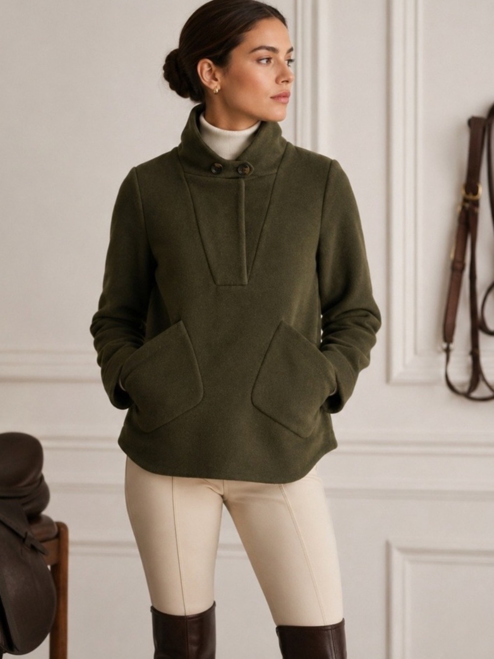 Tuckernuck Emerson Popover Jacket Wool Blend Olive Green Funnel Neck